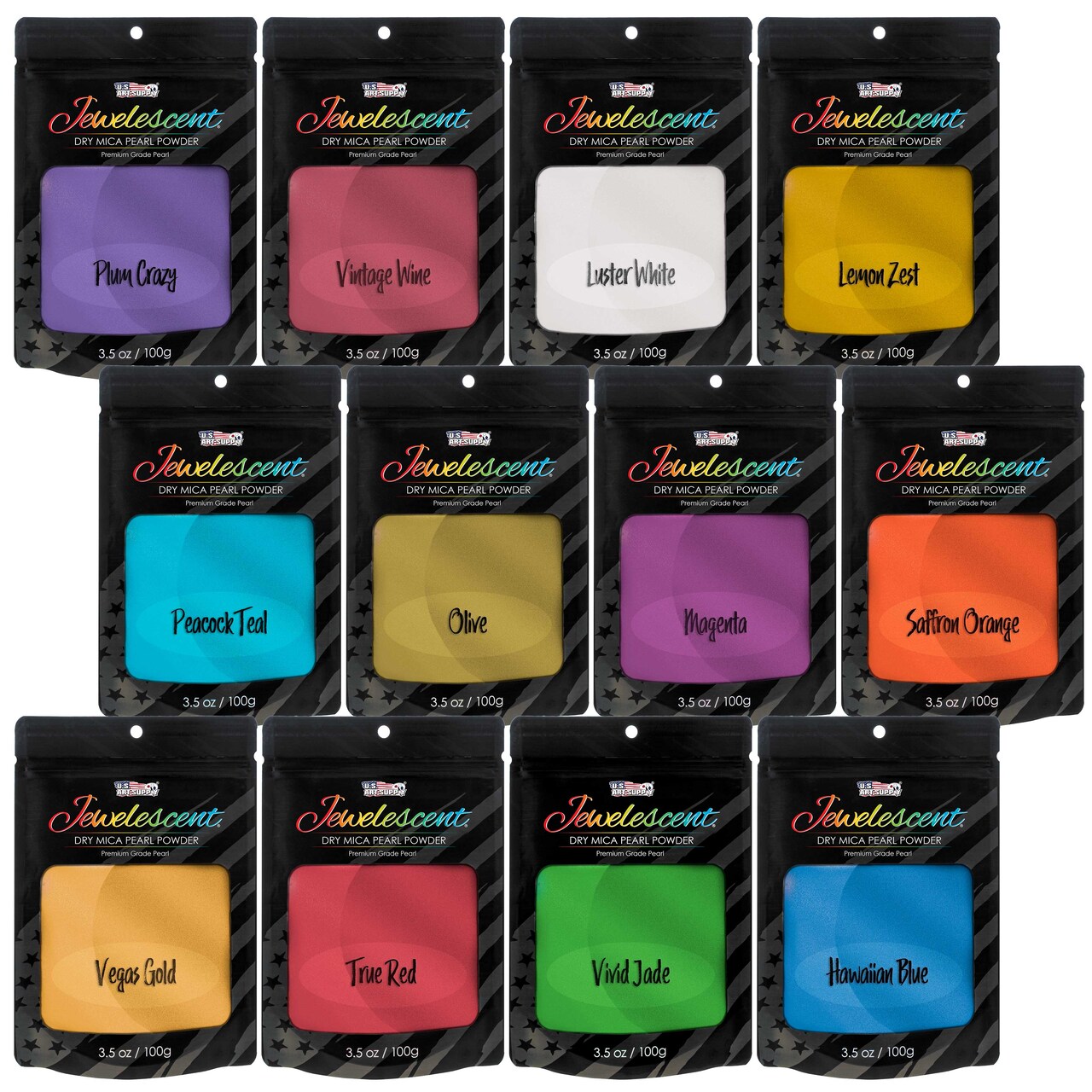 Jewelescent Mica Pearl Pigment Powder Kit, 12 Deluxe Colors, 3.5 oz (100g) Pouches - Cosmetic Grade, Epoxy Resin Color Pigment, Mica Powder for Resin, Soap, Slime, Candle Dye, Art
